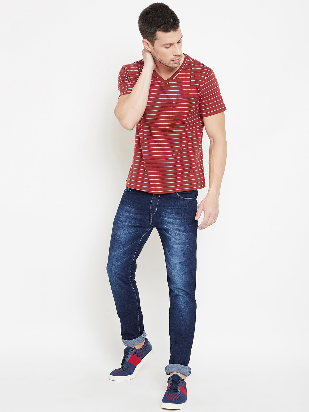 JUMP USA Men Red Striped V-neck T-shirt