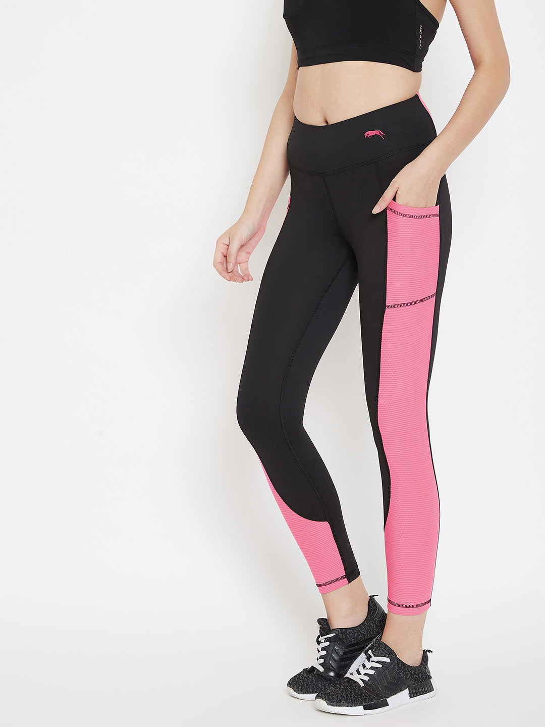 JUMP USA Women Black & Pink Active Wear Tights