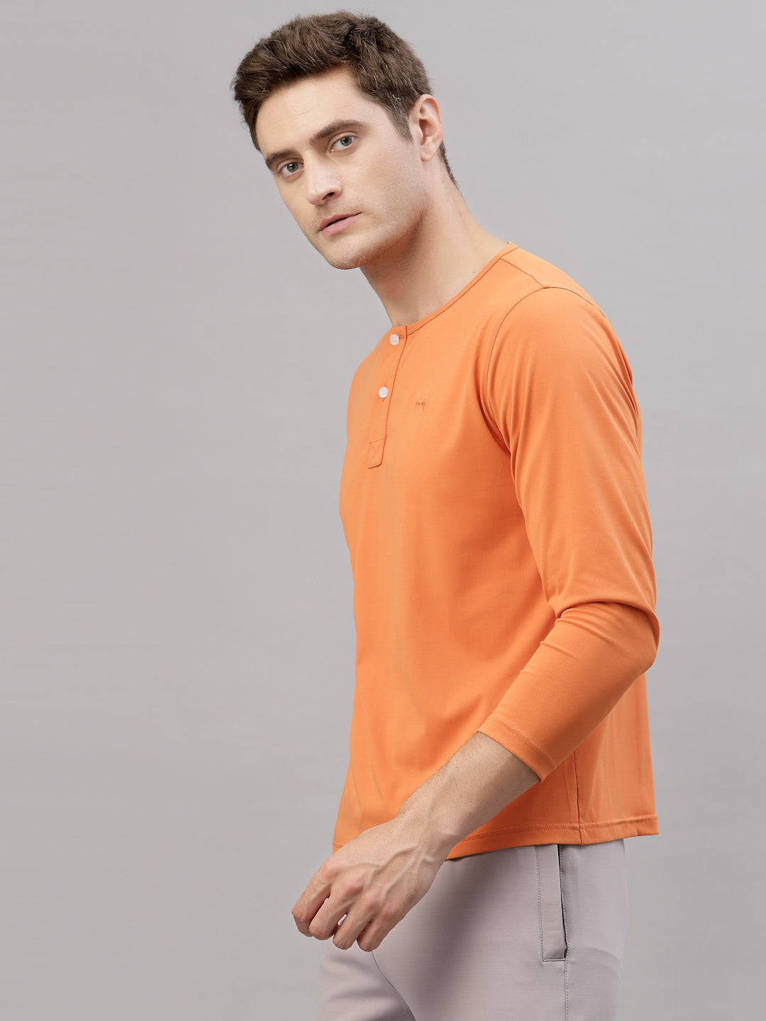 orange henley men's shirt