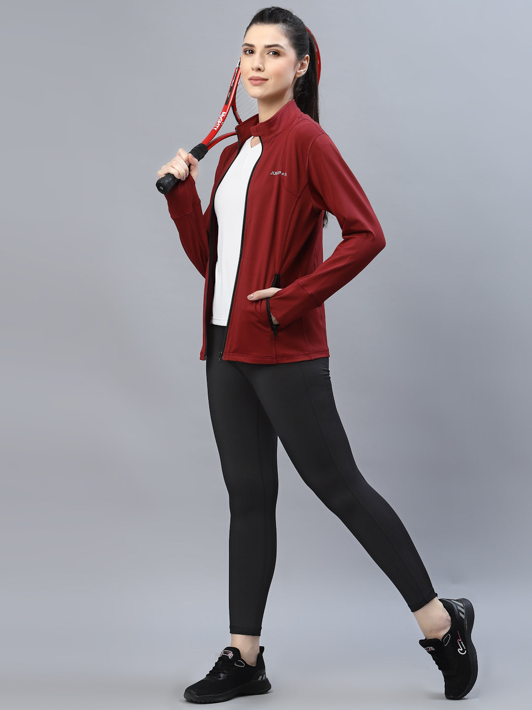 JUMP USA Women Maroon Solid Active Wear Jacket With Hood