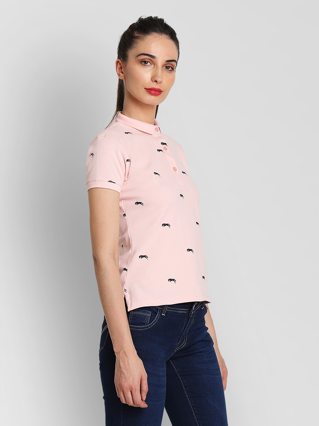 JUMP USA Women Pink Navy Blue Printed Polo Collar T Shirt