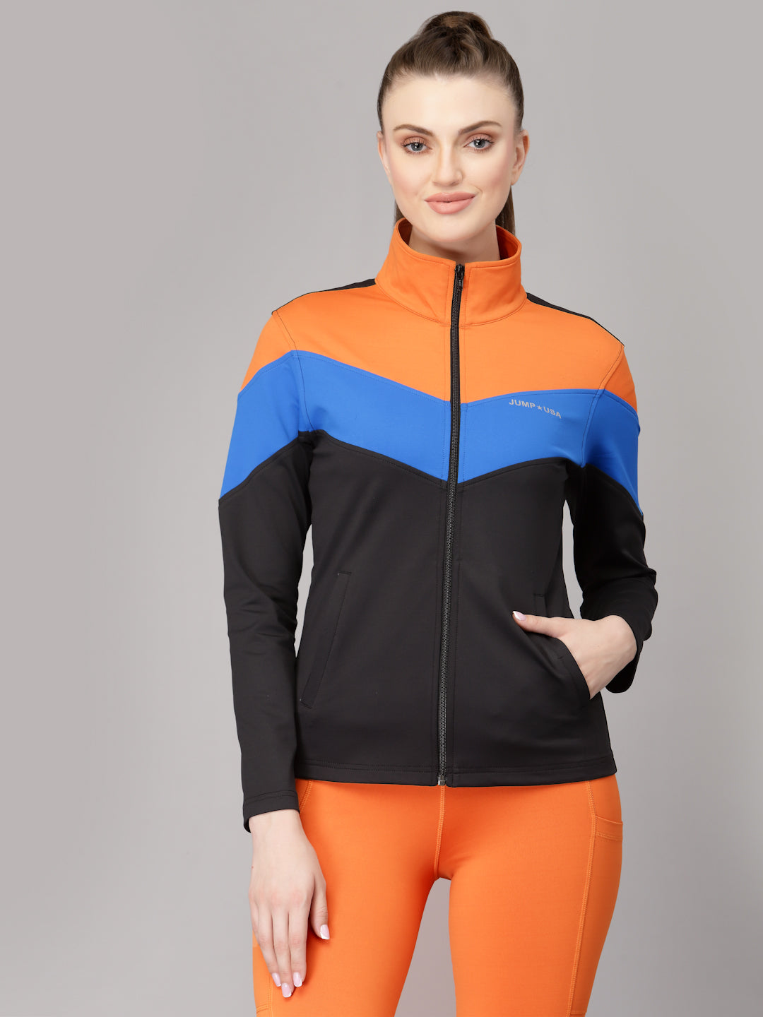 JUMP USA Women Black Orange Colourblocked Polyester Hiking Jacket