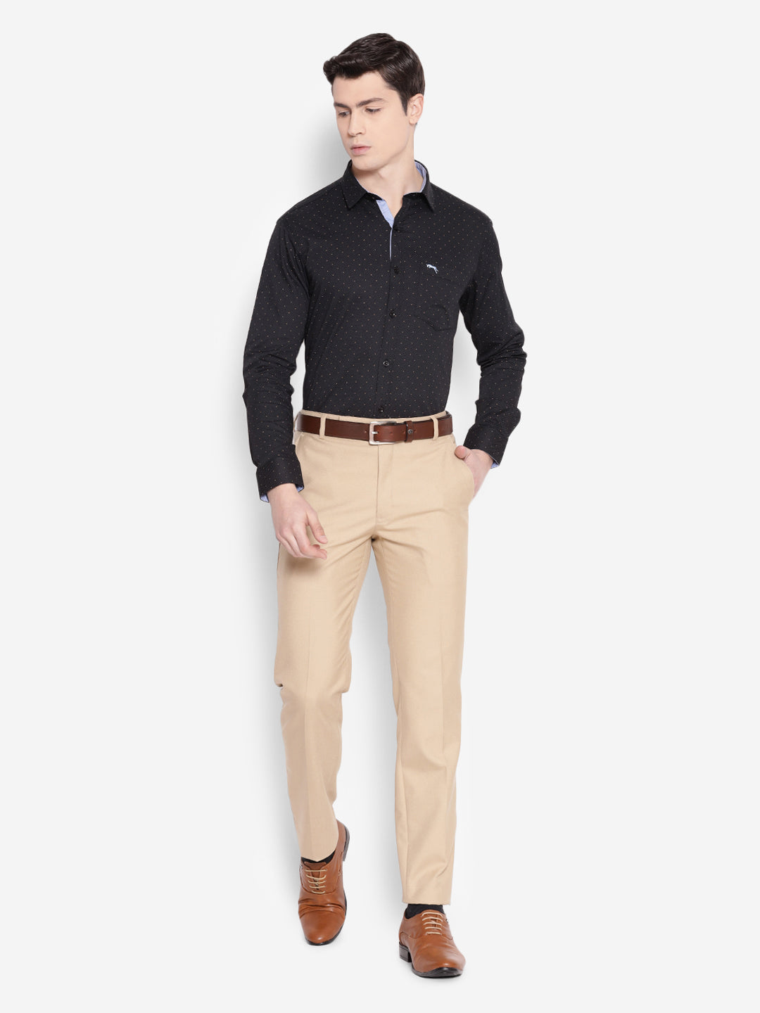 Black shirt cheap and beige pants