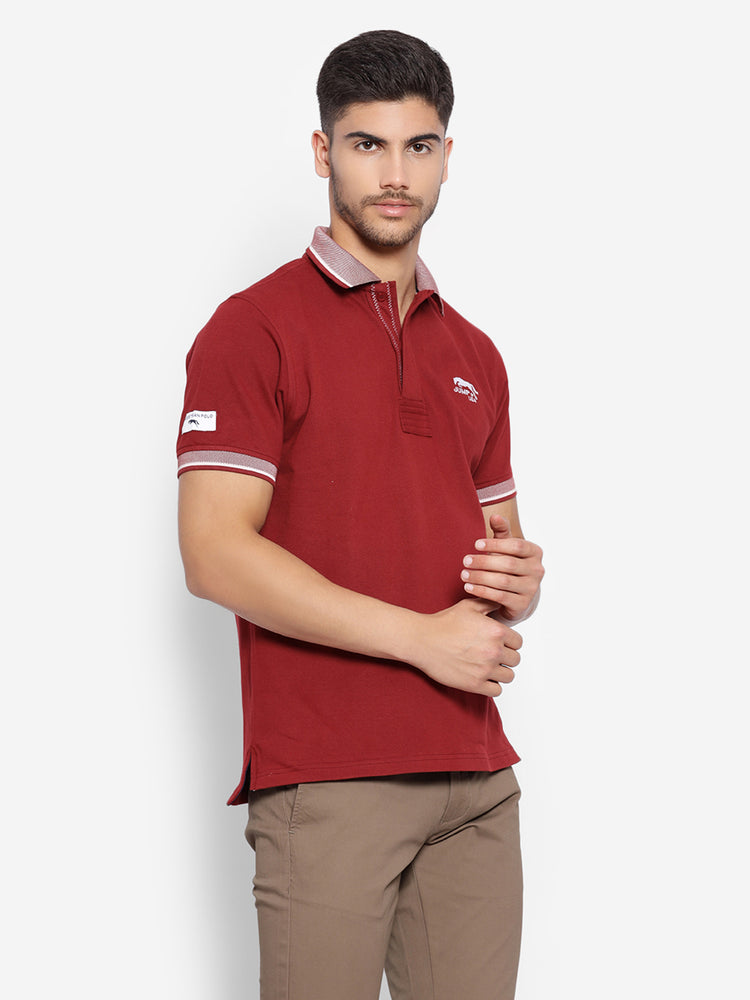 JUMP USA Men Red Solid Polo Collar Pure Cotton T-shirt