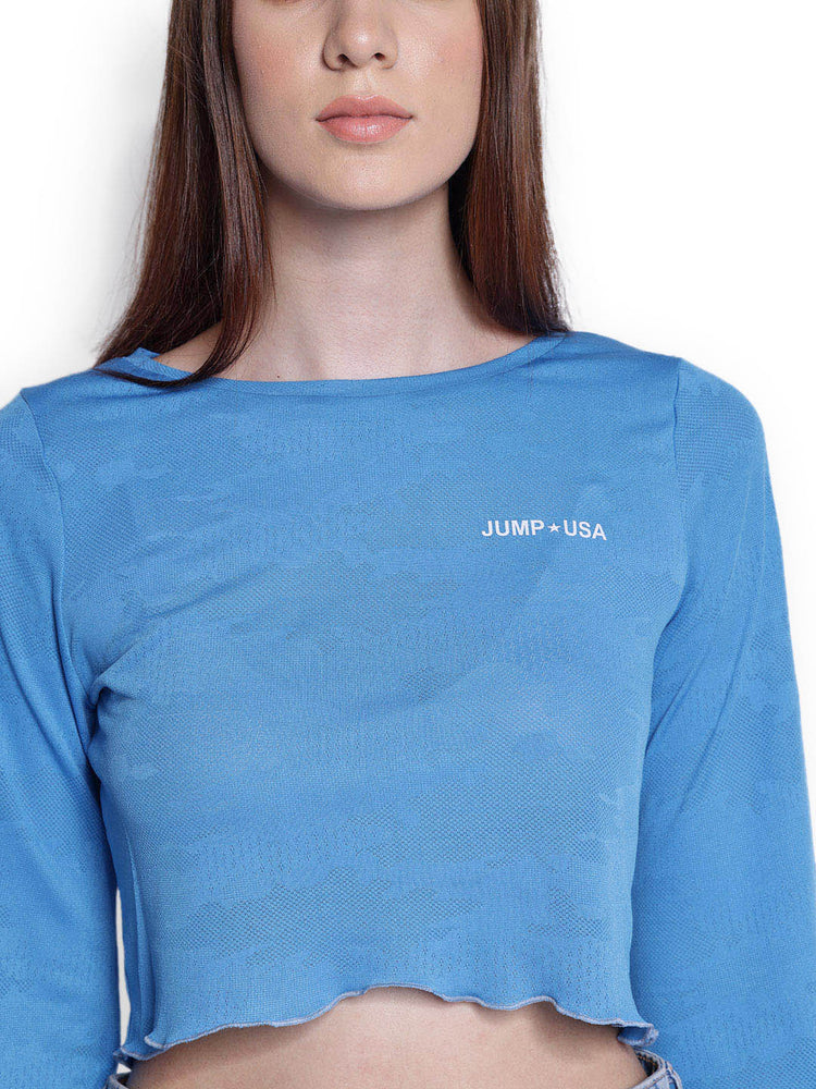 JUMP USA Womens Flared Sleeves Blue Solid Crop Tops