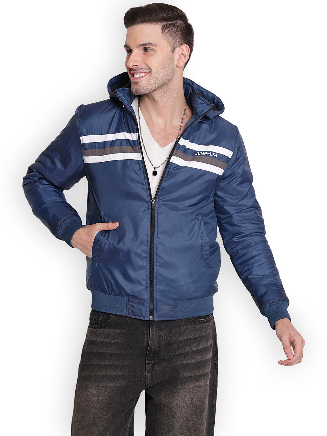 JUMP USA Men DENIM BLUE Rapid-Dry Solid Sporty Jackets With Hood