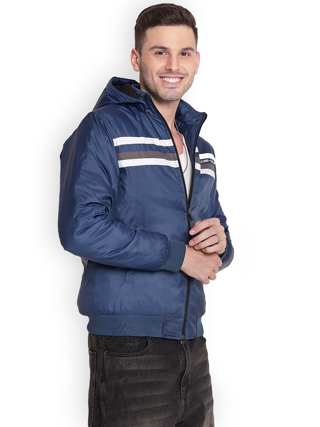 JUMP USA Men DENIM BLUE Rapid-Dry Solid Sporty Jackets With Hood