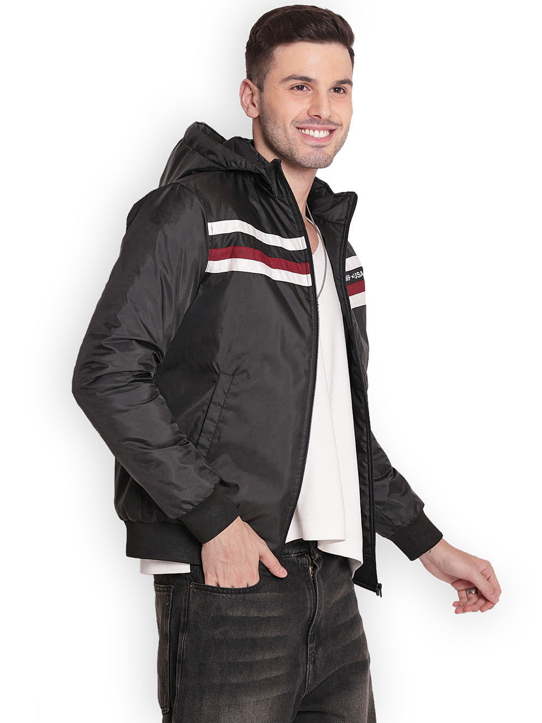 JUMP USA Men Black Rapid-Dry Solid Sporty Jackets With Hood