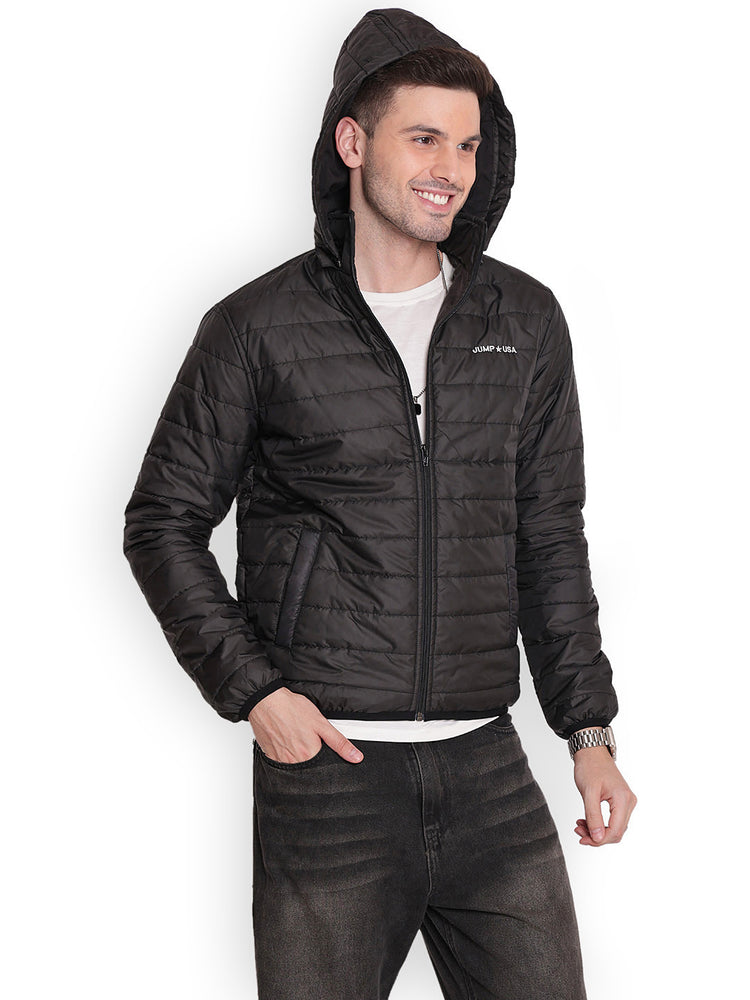 JUMP USA Men Black Rapid-Dry Solid Sporty Jackets With Hood