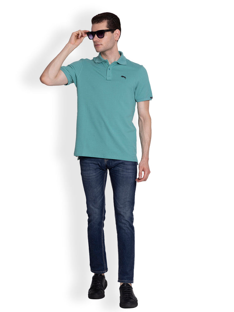 JUMP USA Men Solid see Green Polo Collar Cotton T-shirt