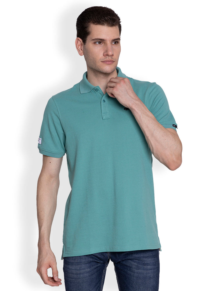 JUMP USA Men Solid see Green Polo Collar Cotton T-shirt