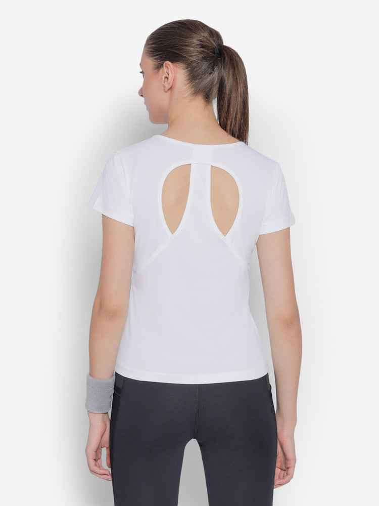 JUMP USA White Yoga Women Solid Rapid Dry Cut Out Sustainable T-shirt