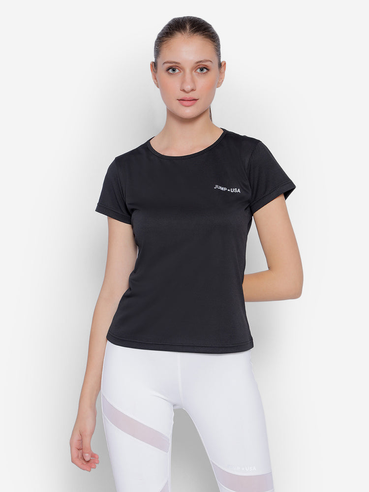 JUMP USA Black Yoga Women Solid Rapid Dry Cut Out Sustainable T-shirt