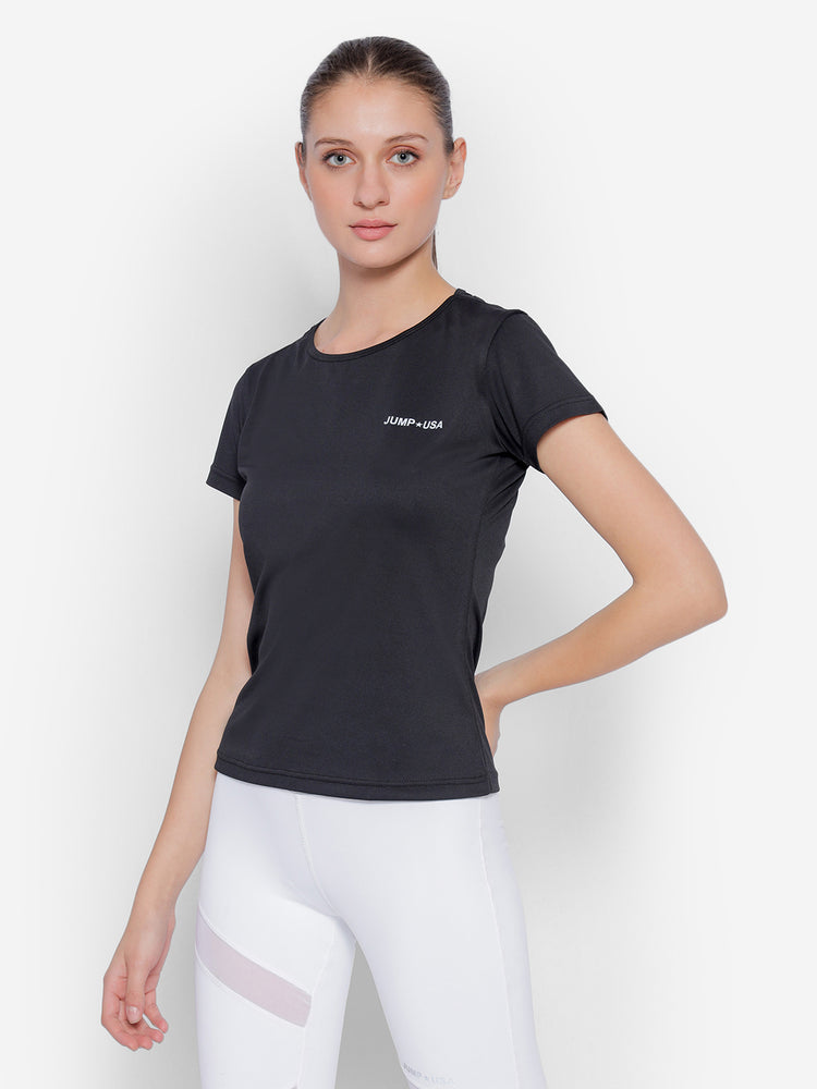 JUMP USA Black Yoga Women Solid Rapid Dry Cut Out Sustainable T-shirt