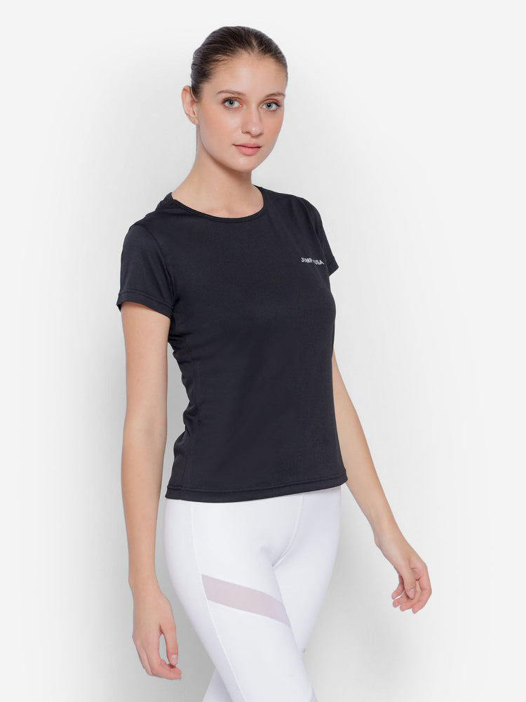 JUMP USA Yoga Women Solid Rapid Dry Cut Out Sustainable T-shirt