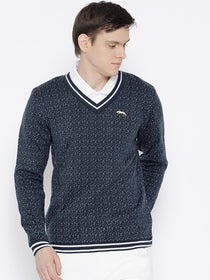 Men Navy Blue and White Colourblocked Pullover - JUMP USA