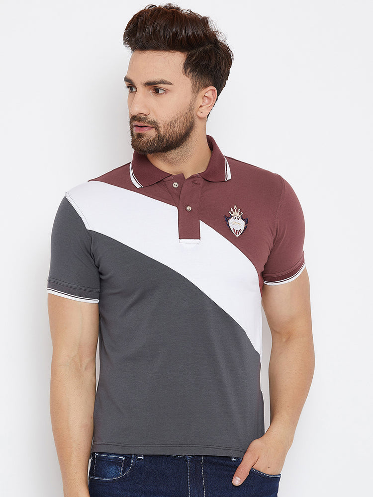 JUMP USA Men Grey & Maroon Colourblocked Polo Collar T-Shirt - JUMP USA