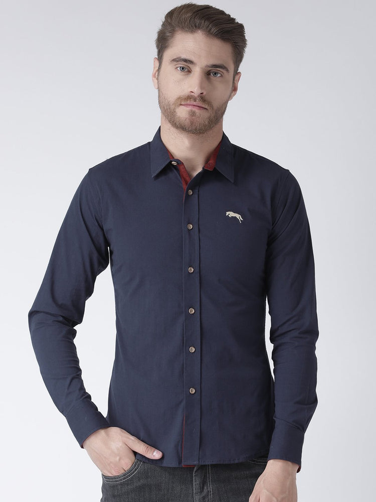 Men Navy Blue Slim Fit Solid Casual Shirt - JUMP USA (1568801292330)