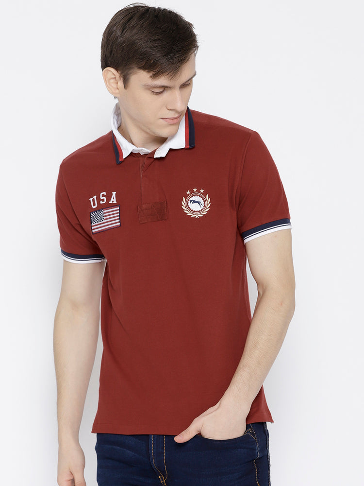 Men Red Solid Polo Collar T-shirt - JUMP USA