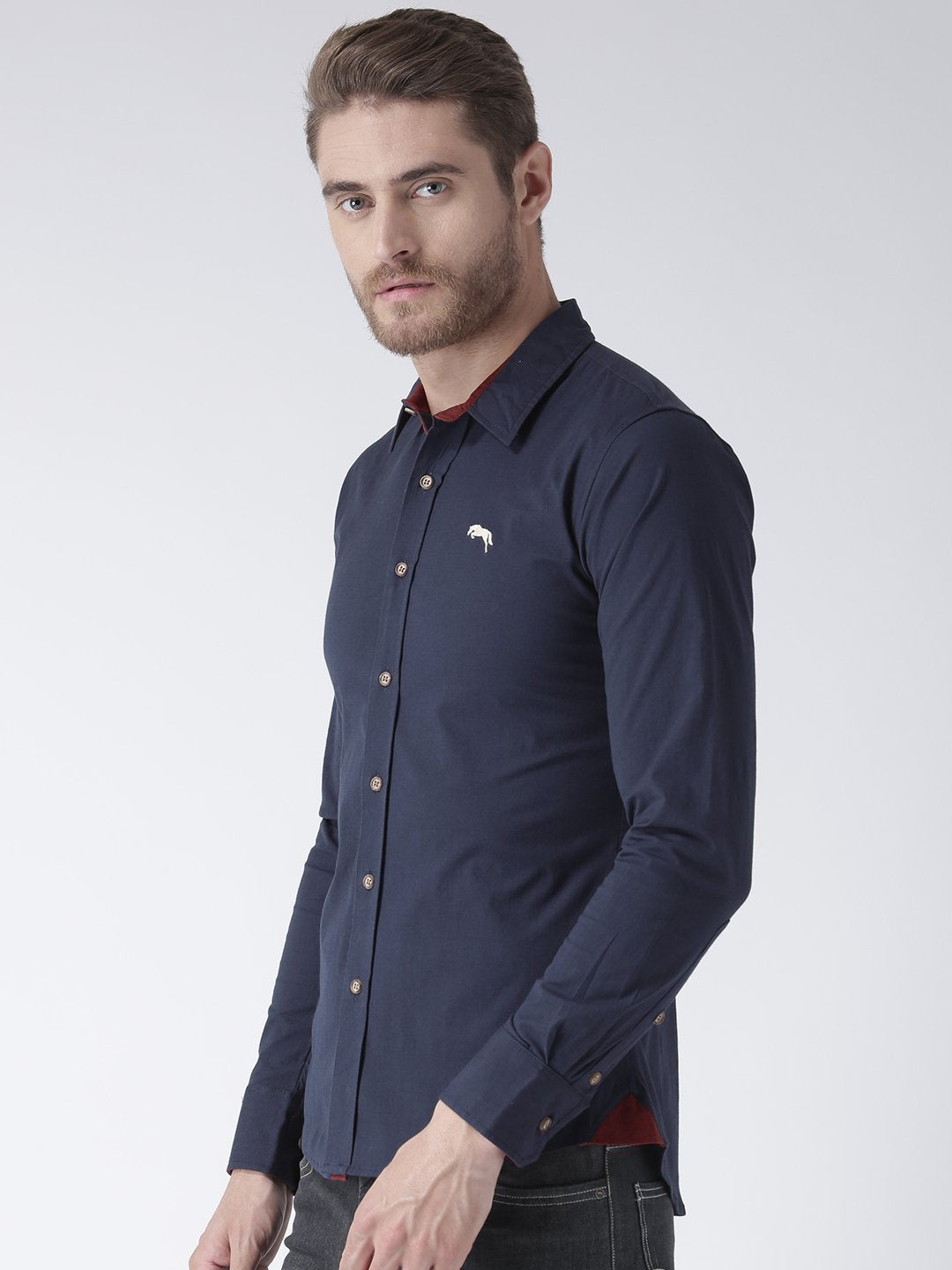 Men Navy Blue Slim Fit Solid Casual Shirt - JUMP USA (1568801292330)