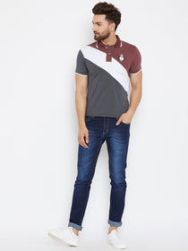 JUMP USA Men Grey & Maroon Colourblocked Polo Collar T-Shirt - JUMP USA