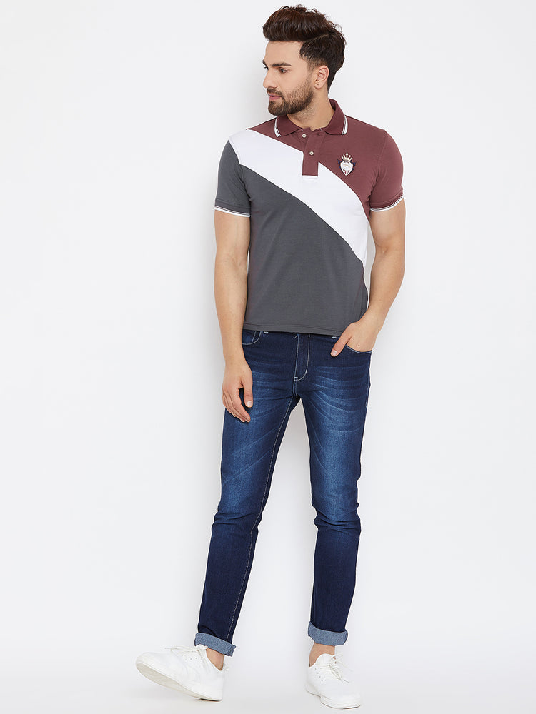 JUMP USA Men Grey & Maroon Colourblocked Polo Collar T-Shirt - JUMP USA