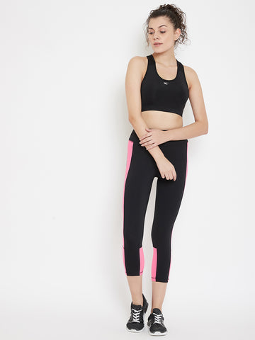 JUMP USA Women Black & Pink Colorblocked Activewear Gym Tights