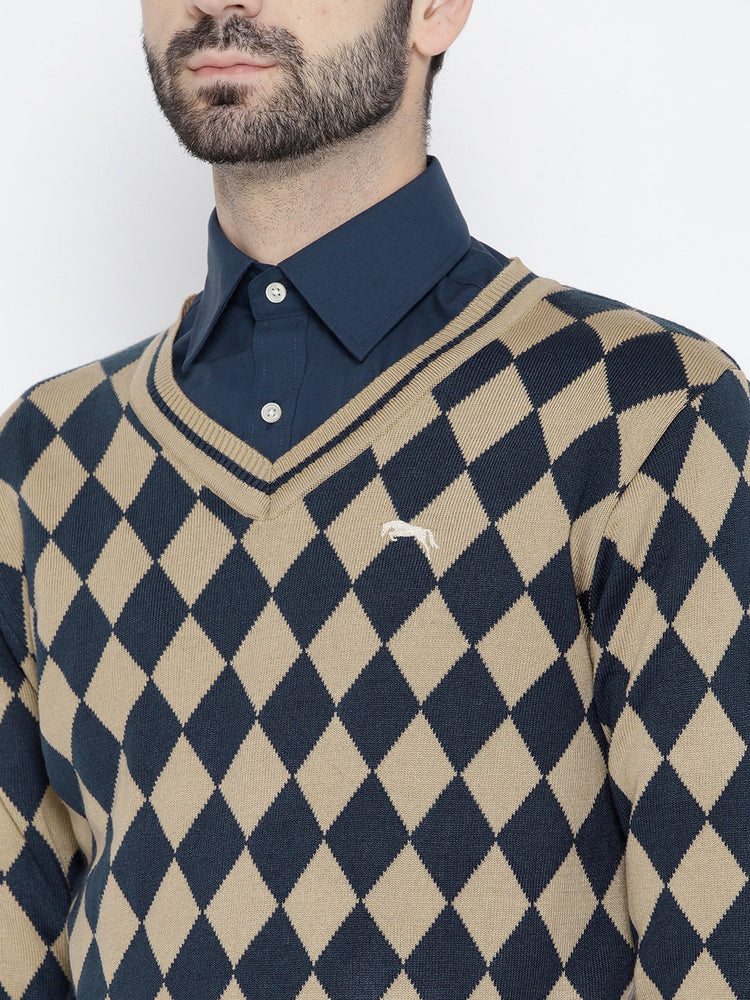 Men Beige and Navy Blue Colourblocked Pullover - JUMP USA