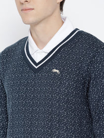 Men Navy Blue and White Colourblocked Pullover - JUMP USA