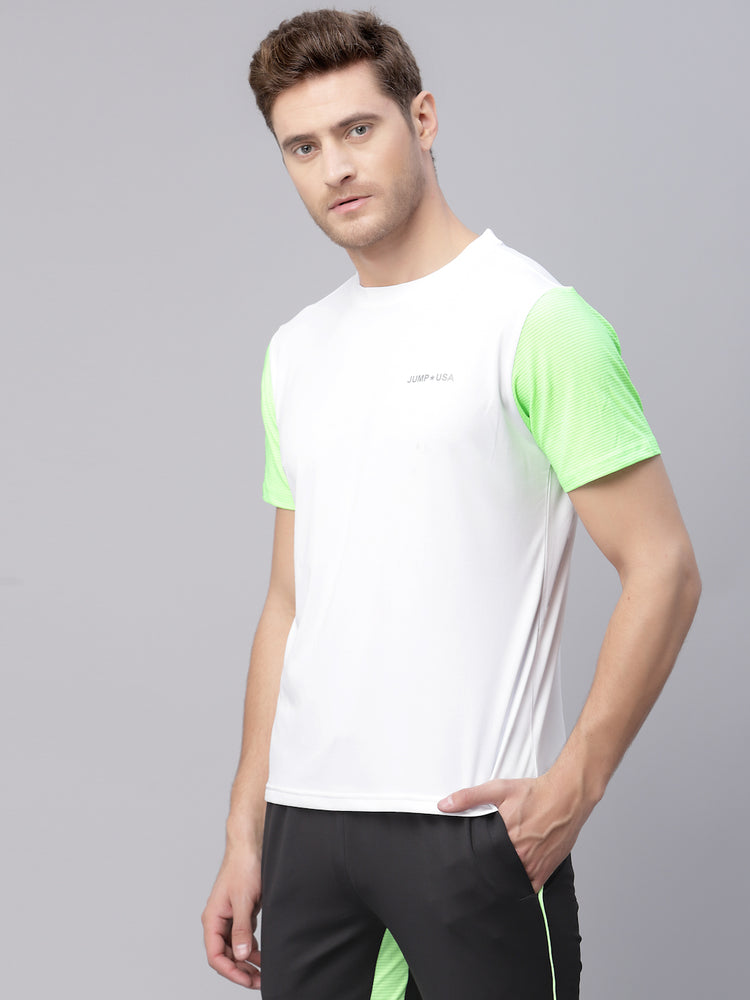 JUMP USA Men White & Green Solid Round Neck Sports T-shirt