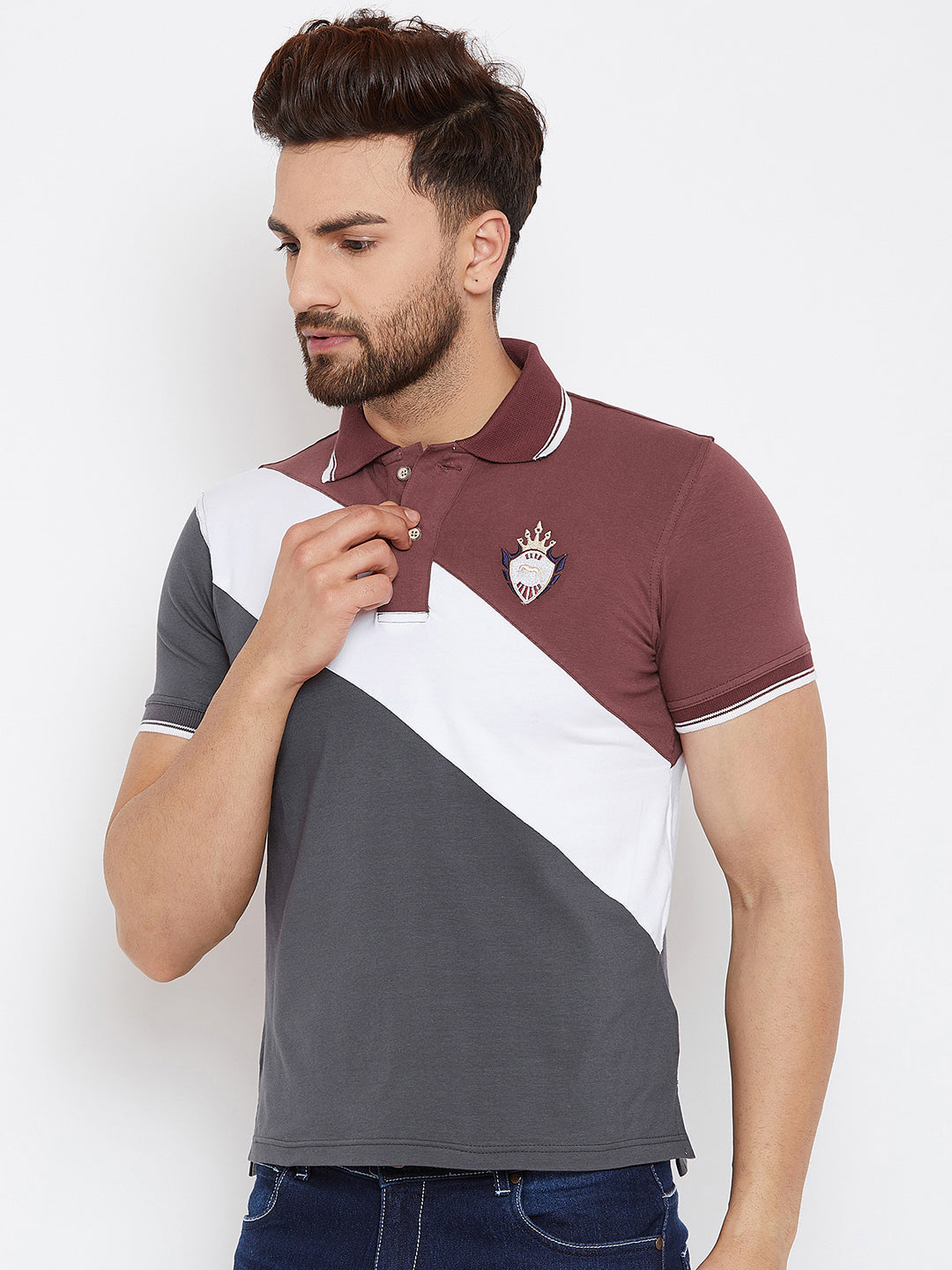 JUMP USA Men Grey & Maroon Colourblocked Polo Collar T-Shirt - JUMP USA