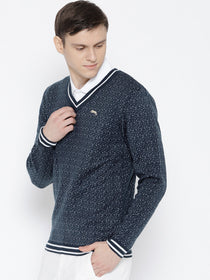 Men Navy Blue and White Colourblocked Pullover - JUMP USA