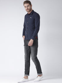 Men Navy Blue Slim Fit Solid Casual Shirt - JUMP USA (1568801292330)