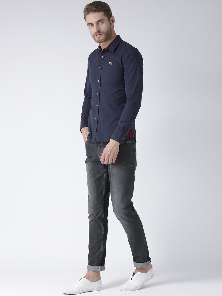 Men Navy Blue Slim Fit Solid Casual Shirt - JUMP USA (1568801292330)