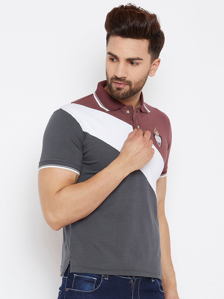 JUMP USA Men Grey & Maroon Colourblocked Polo Collar T-Shirt - JUMP USA