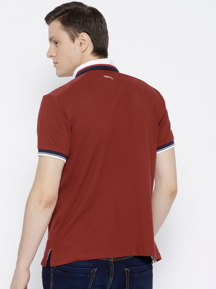 Men Red Solid Polo Collar T-shirt - JUMP USA
