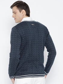 Men Navy Blue and White Colourblocked Pullover - JUMP USA