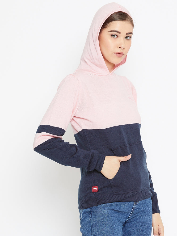 JUMP USA Women Pink Colourblocked Hooded Sweater - JUMP USA