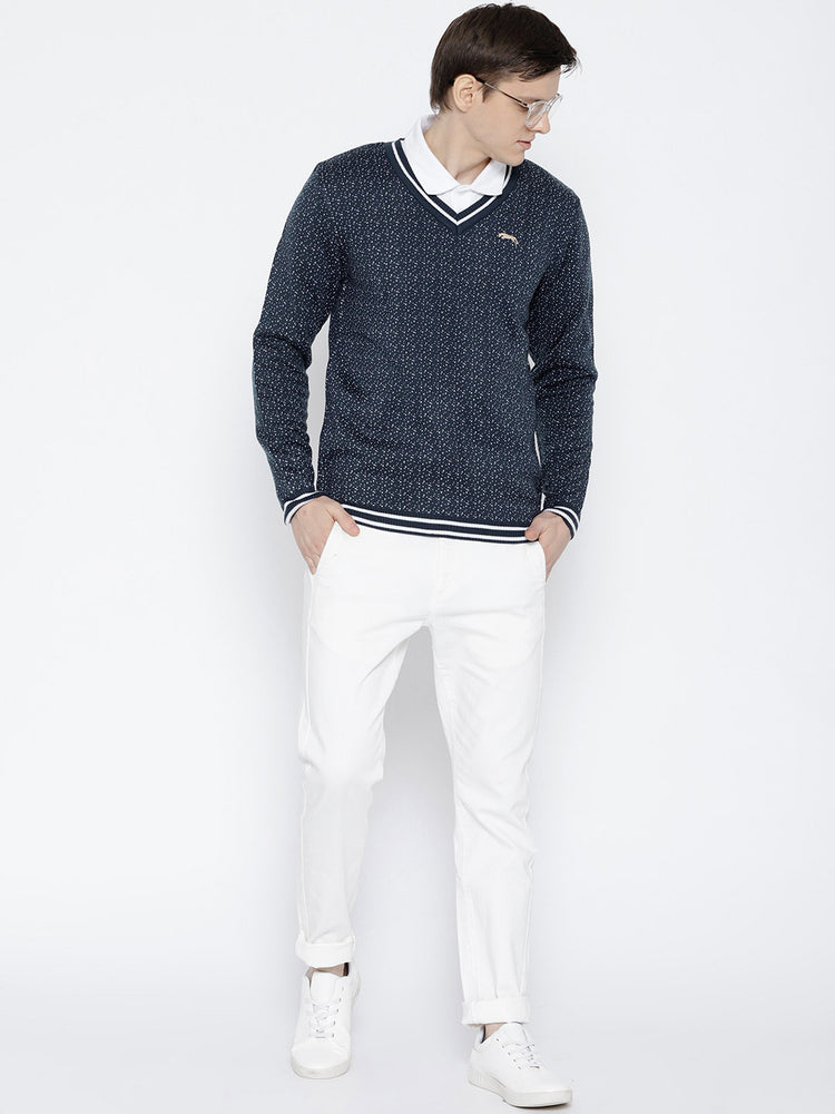 Men Navy Blue and White Colourblocked Pullover - JUMP USA