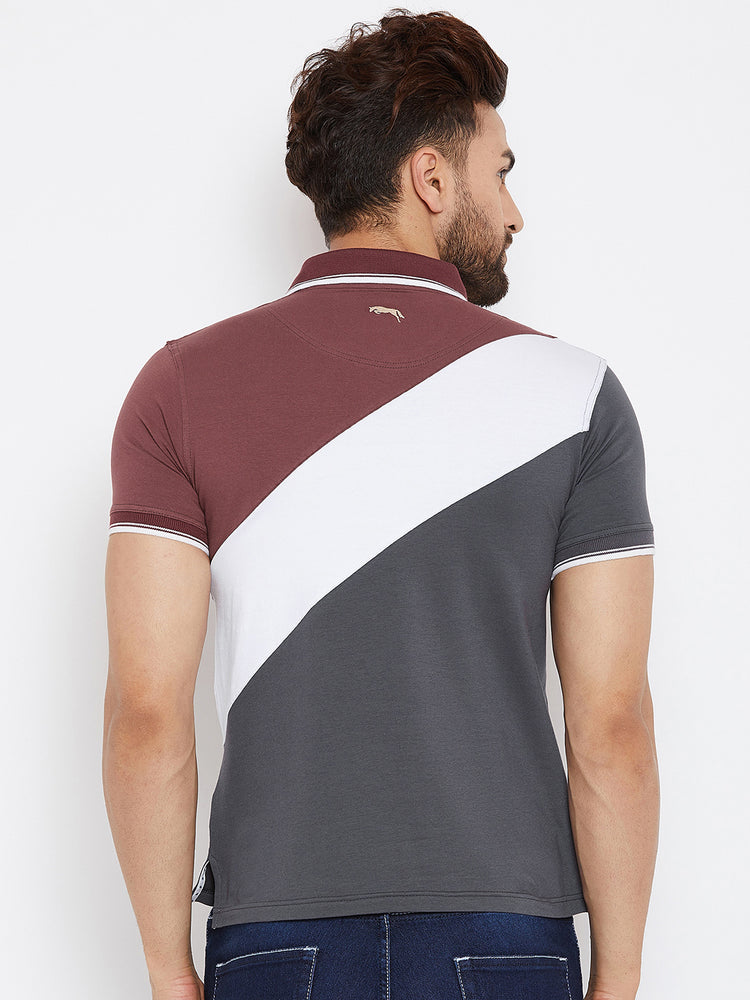 JUMP USA Men Grey & Maroon Colourblocked Polo Collar T-Shirt - JUMP USA