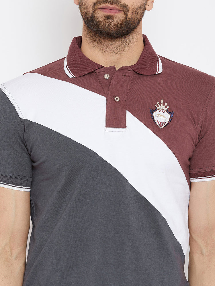 JUMP USA Men Grey & Maroon Colourblocked Polo Collar T-Shirt - JUMP USA