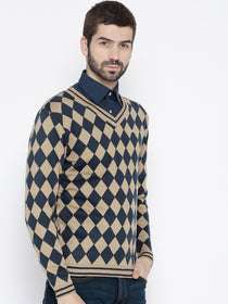Men Beige and Navy Blue Colourblocked Pullover - JUMP USA